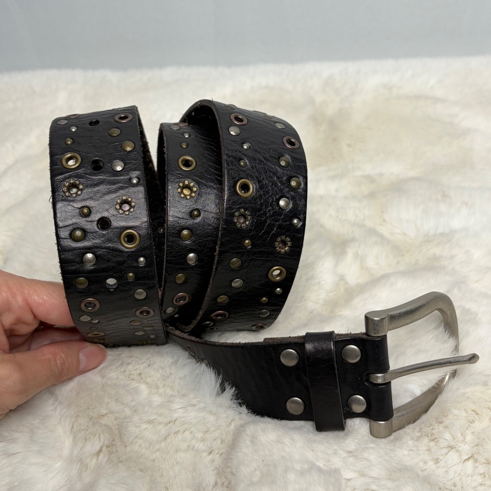 Fossil Dark Brown Genuine Leather Studded Grommet Belt Women Large Boho Rocker